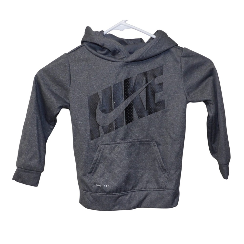 Nike Boys Dri-FIT Hoodie Charcoal Gray Graphic Logo Pullover Sweatshirt 3T